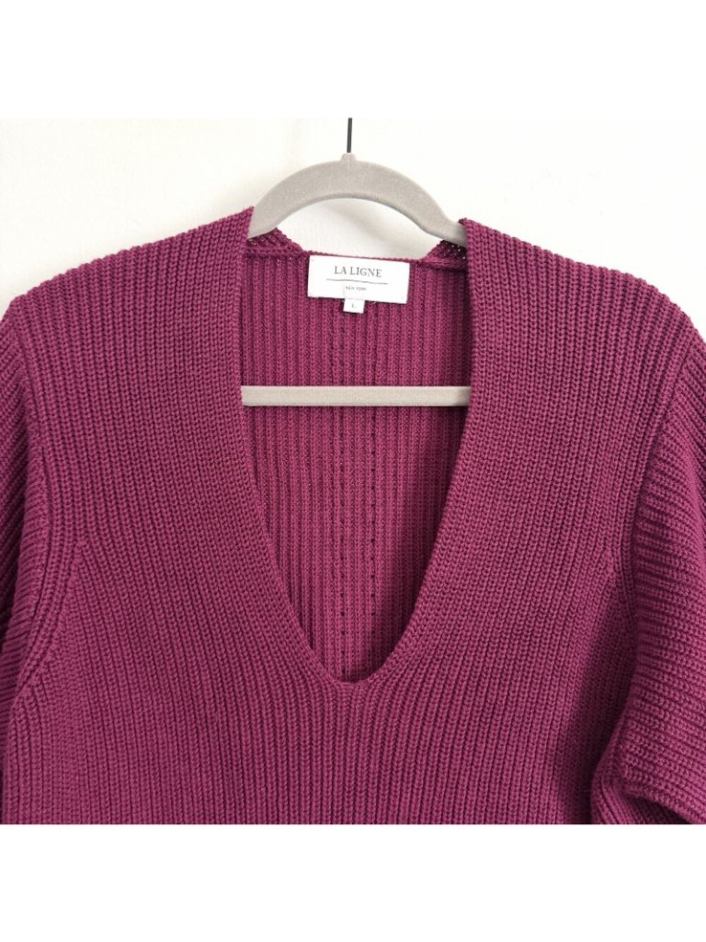 La Ligne Ribbed V-Neck Balloon Sleeve Knit Sweater Plum Burgundy Women’s Large - Picture 3 of 11
